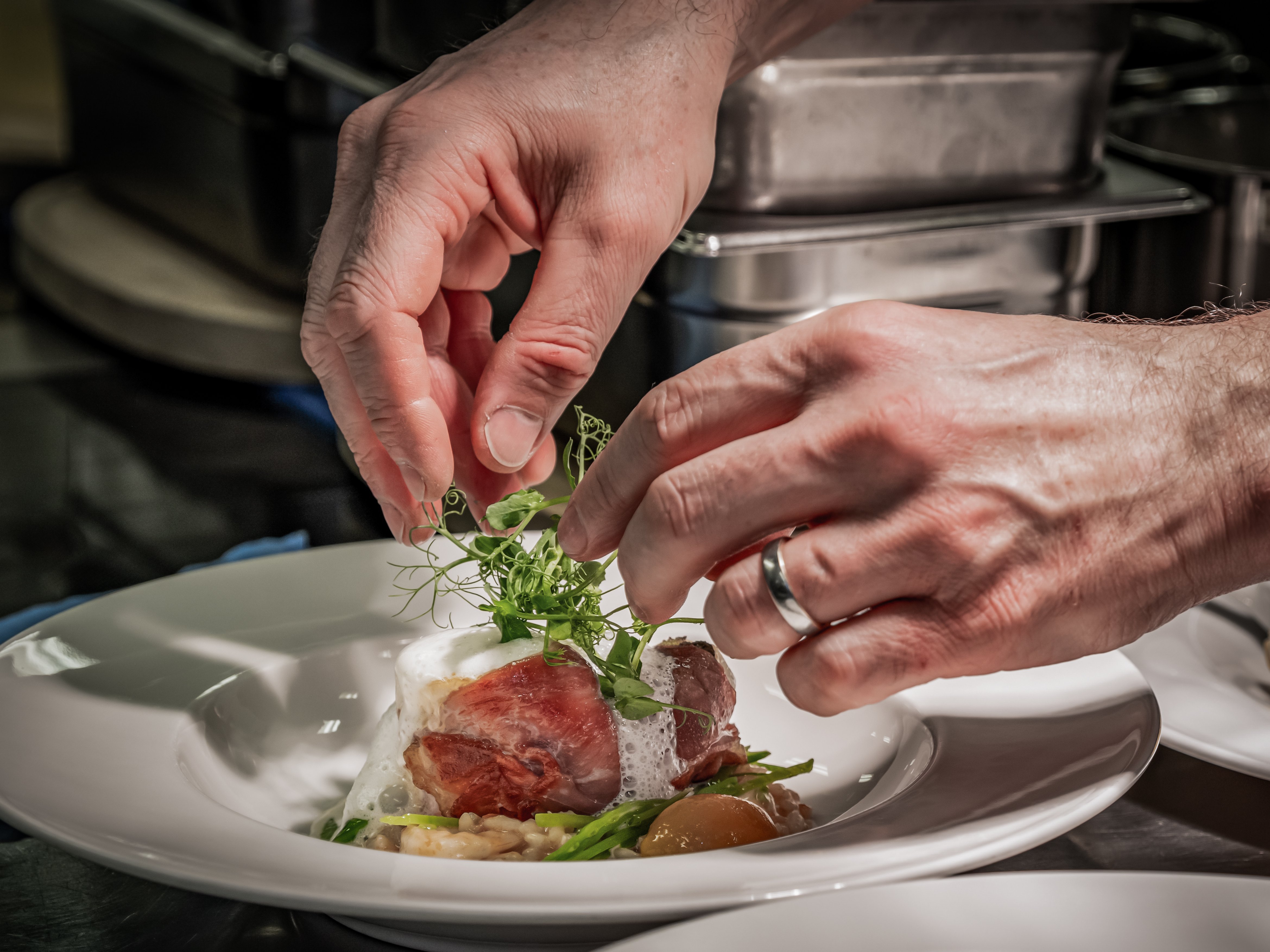 Kreative Präsentation der Gourmetküche Ein Koch garnieret sorgfältig ein Gericht mit frischen Kräutern von Hand. Ein Teller ist im Fokus.